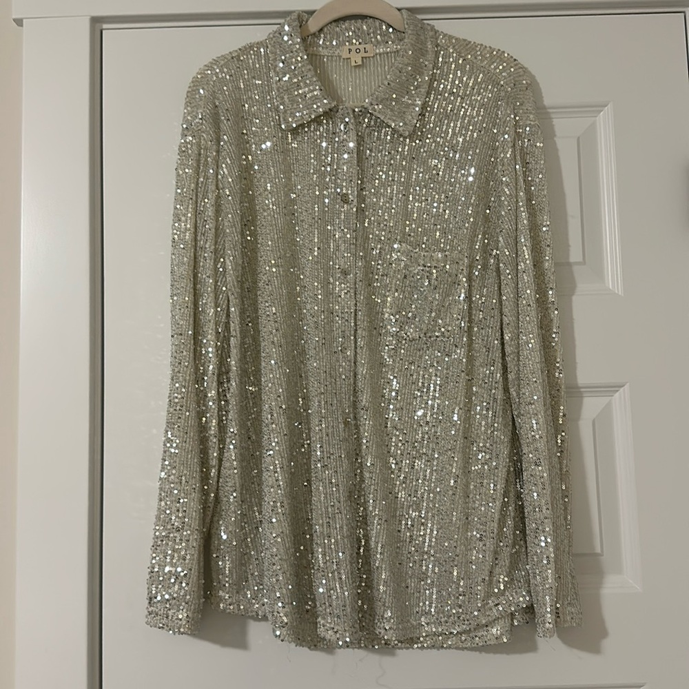 Nwot Silver Sequin Button Down - Large - image 1
